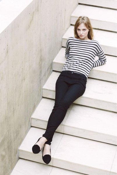 black and white striped long sleeve top with chinos and ballet flats