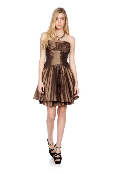 bronze strapless fit and flare pleated mini dress