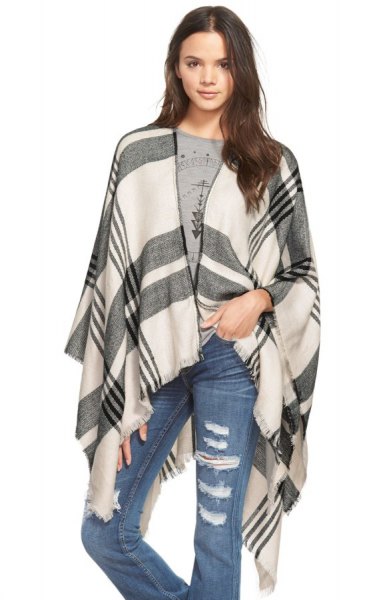gray and white plaid poncho ripped flare jeans