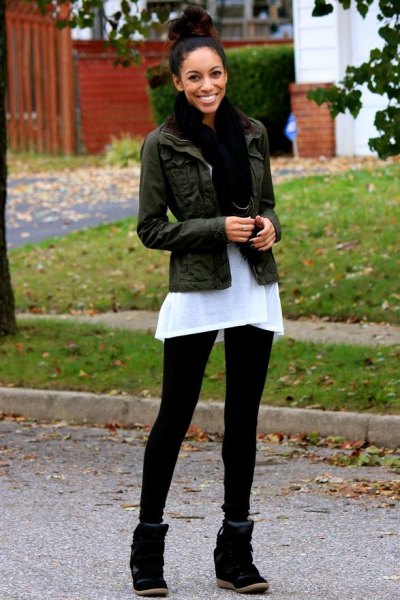 black denim jacket with white tunic top and wedge sneakers