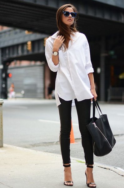 white button shirt leather leggings heels