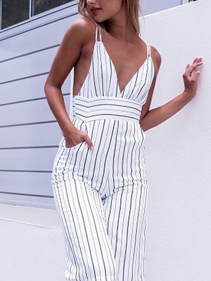 White Stripe Plunge Open Back Cami Cropped Jumpsuit | Fall outfits .