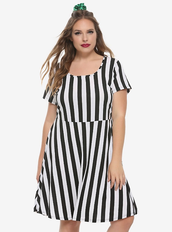 Black & White Striped Skater Dress Plus Si