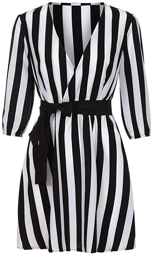 Mose Sexy Stripe Mini Dress Women V Neck Striped Dress Summer .
