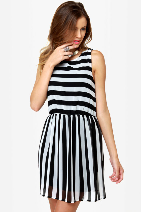 Pretty Black and White Dress - Striped Dress - Sleeveless Dress .