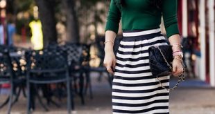 Emerald + Black/White Stripes | Striped skirt outfit, Green top .