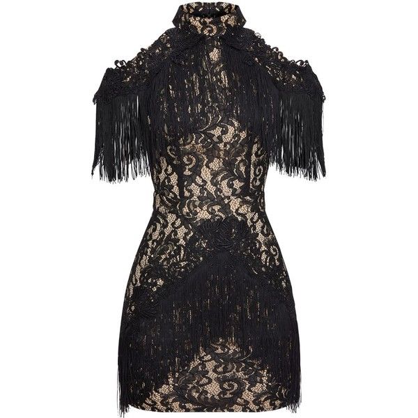 Black Cold Shoulder Lace Tassel Trim Bodycon Dress ($60) ❤ liked .
