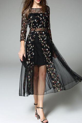 Black Sheer 3/4 Sleeves Embroidered Dress | Fashion ideas .