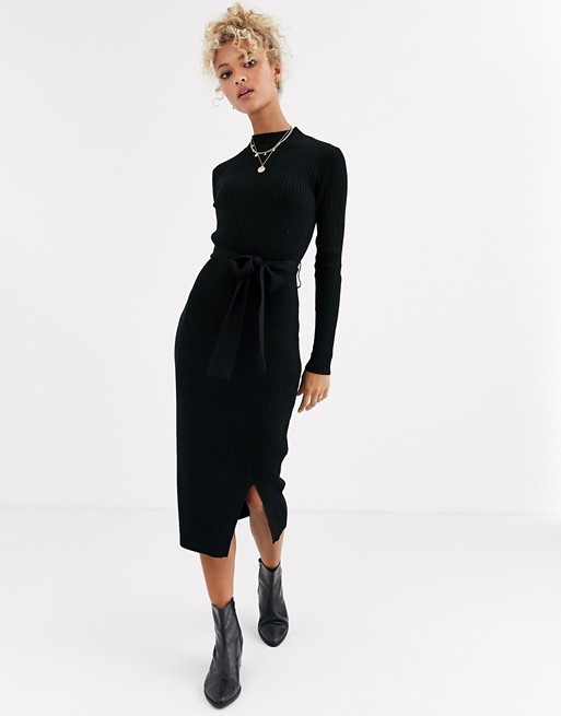 New Look tie waist maxi knitted dress in black | AS