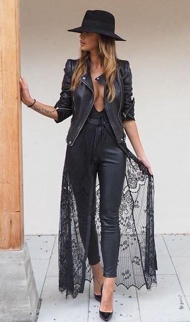 lace + leather. hat. biker jacket. kimono. | Kleidung, Outfit, Mo
