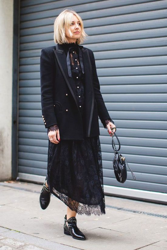 25 Holiday Outfits For Every Girl's Style | Black lace midi dress .