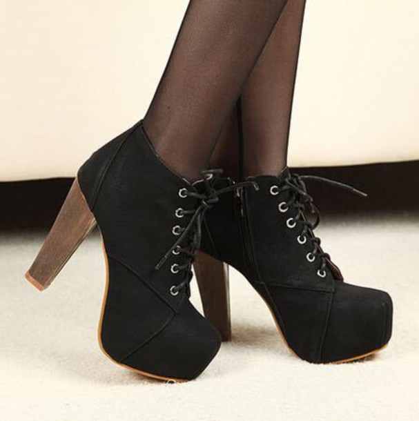 shoes, ankle boots, platform lace up boots, black, heels, cute .