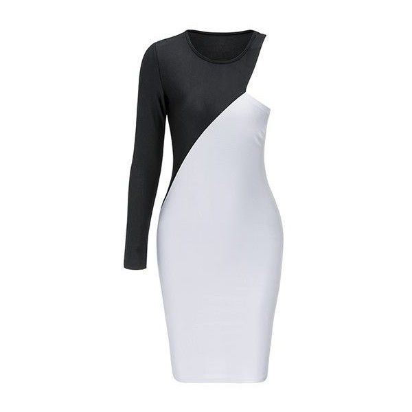 Rotita Black and White One Sleeve Bodycon Dress ($15) ❤ liked on .