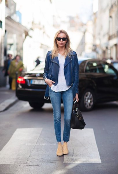 How to Wear Blue Leather Jacket: 15 Best Outfit Ideas - FMag.c
