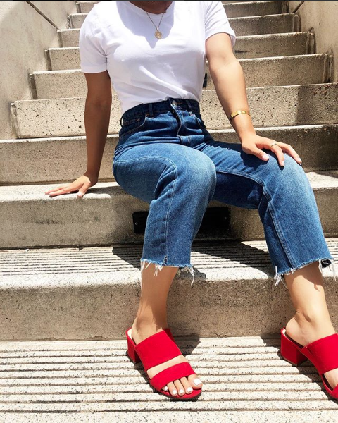White T-shirt Outfit Ideas Red Sandals Blue Jeans Shop organic .