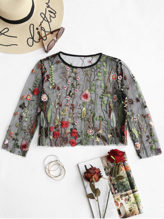 Up to 80% OFF! Floral Embroidered Sheer Mesh Blouse. #Zaful #Tops .