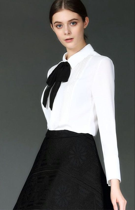 Dressed For Office White Shirt With Black Bow And Black Ski