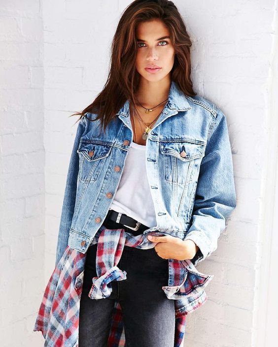 Women's Light Blue Denim Jacket, White and Red and Navy Plaid .