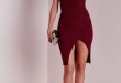 Short burgundy dress with silver accessories | Asymmetric bodycon .