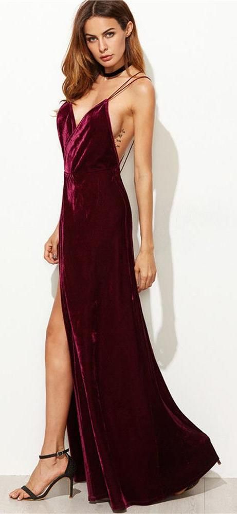 Velouria Burgundy Velvet Backless Strappy Maxi Dress | Dresses .