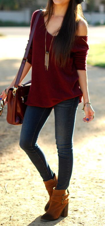 Fall outfit - jeans brown boots one-sleeve burgundy shirt | Boho .