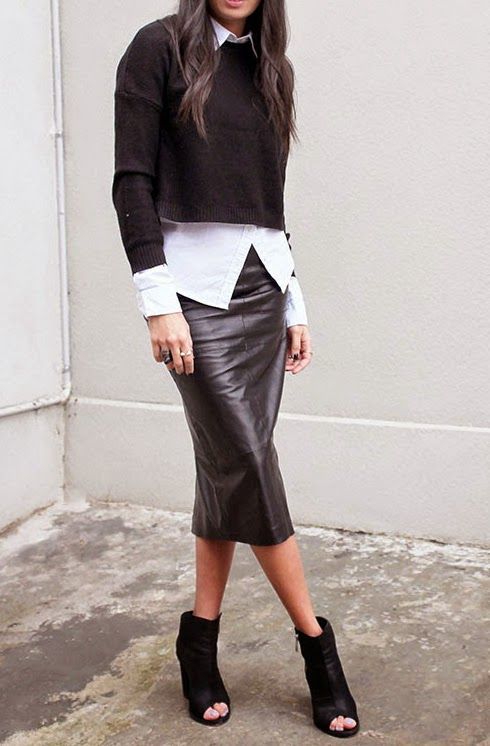 black leather skirt, white button-down (not tucked in), black .