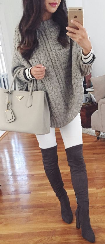 Grey Chunky Knit Cape Sweater Fall Street Style Inspo women .