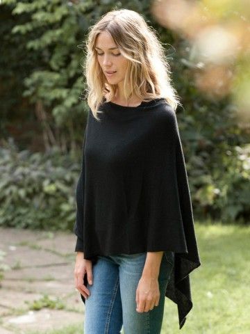 100% Lightweight Cashmere Draped Black Poncho | Poncho outfit .