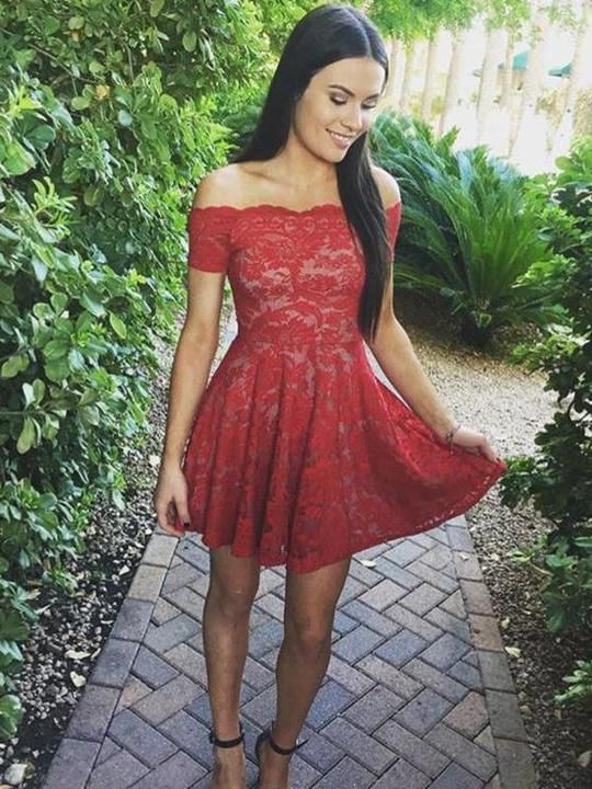 Off Shoulder Red Lace Simple Cheap Short Homecoming Dresses 2018 .