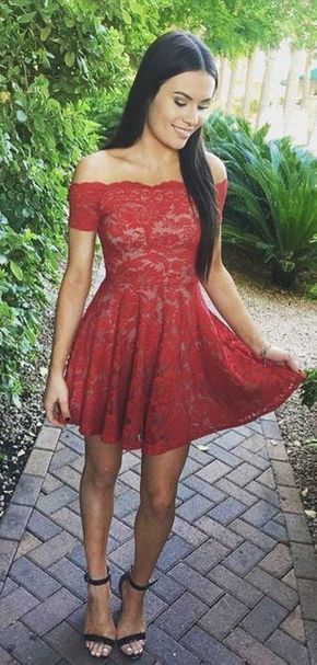 A-Line Off-the-Shoulder Short Red Lace Homecoming Dress | Red .
