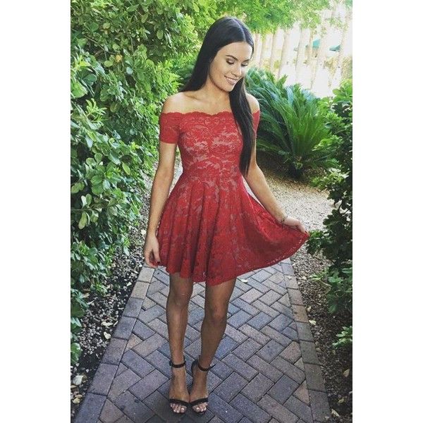 Stylish A-Line Off-Shoulder Red Lace Short Homecoming Dress,Prom .
