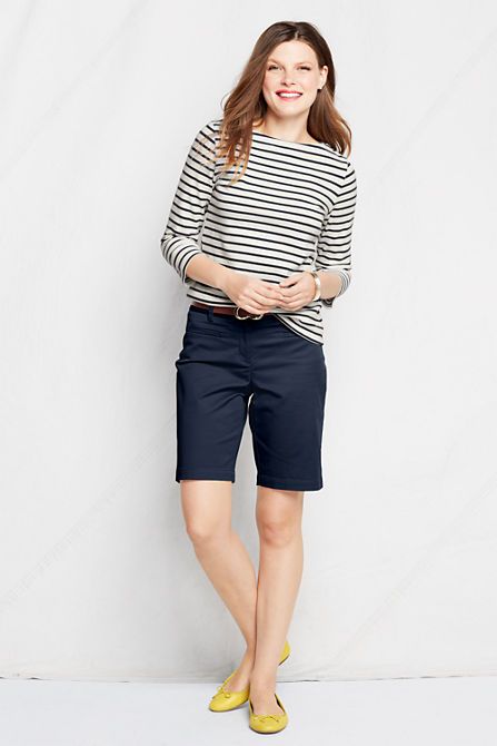 What to wear with Navy Bermuda Shorts: stripe top + color pop .