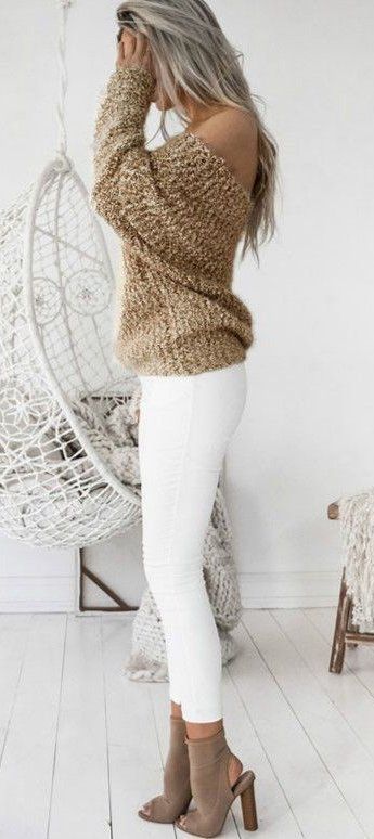 winter #outfits brown cold-shoulder sweater | Classy fall outfits .
