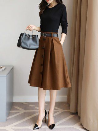 Color-block Long Sleeve A-line Elegant Midi Dress | Fashion Ideas .