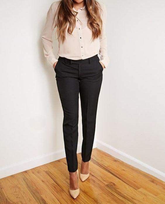 Black pants and white/cream blouse. Cute work outfit. | Cute work .