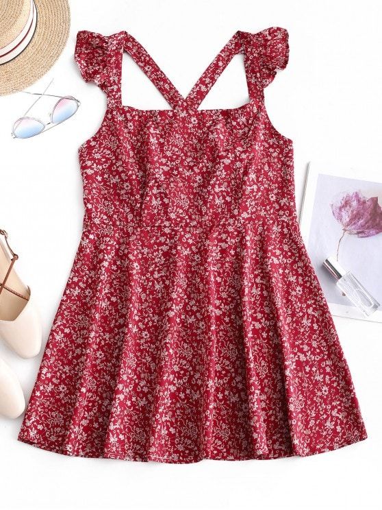 Ruffles Floral Criss Cross Mini Dress | Red Outfit Ideas & Fashion .