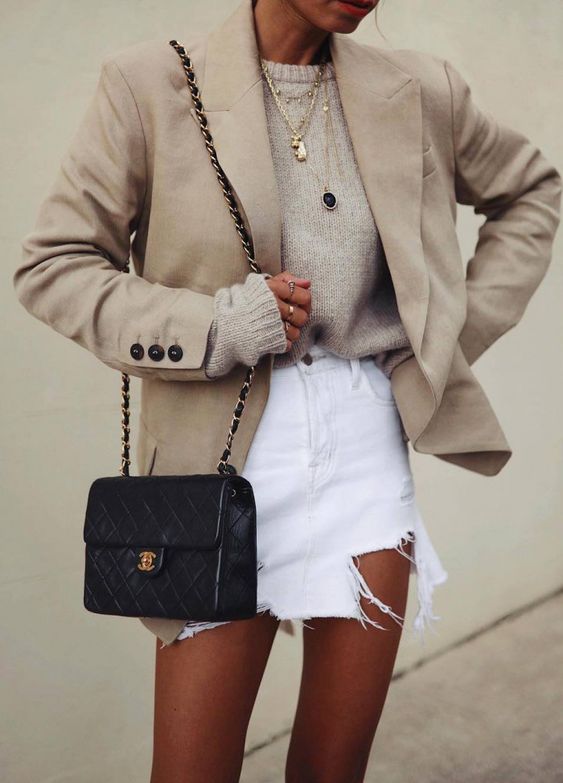 great outfit idea to try this season : nude blazer bag sweater .