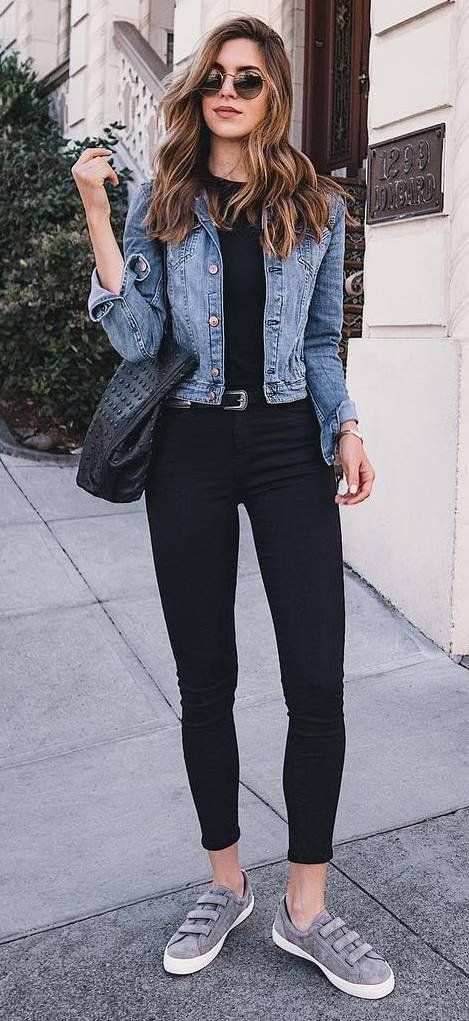 casual style addict_denim jacket + top + bag + skinny jeans + .