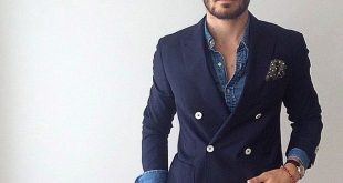 Navy double breasted jacket, over chambray shirt, Urban Street .