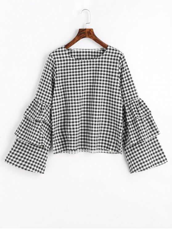 Up to 80% OFF! Tiered Flare Sleeve Checked Blouse. #Zaful #Tops .