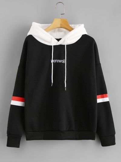 Letter Embroidered Contrast Hoodie Cute Sweatshirts Cool .