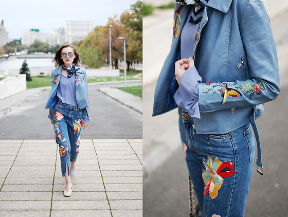 Andreea Birsan - Embroidered Leather Jacket, Embroidered Jeans .