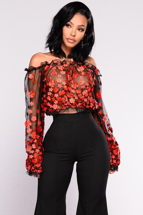 Tessa Off Shoulder Embroidered Mesh Top - Black/red from Fashion .