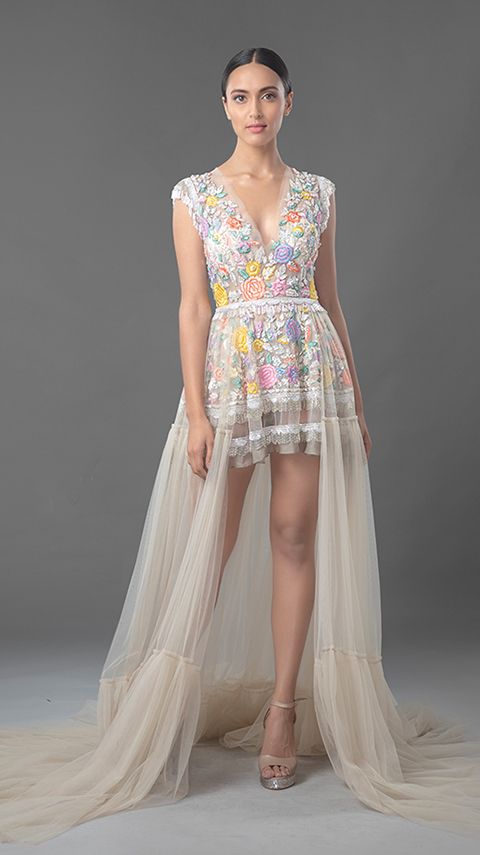 Pastel, Embroidered short Dress with Sheer Trail | Dresses, Short .