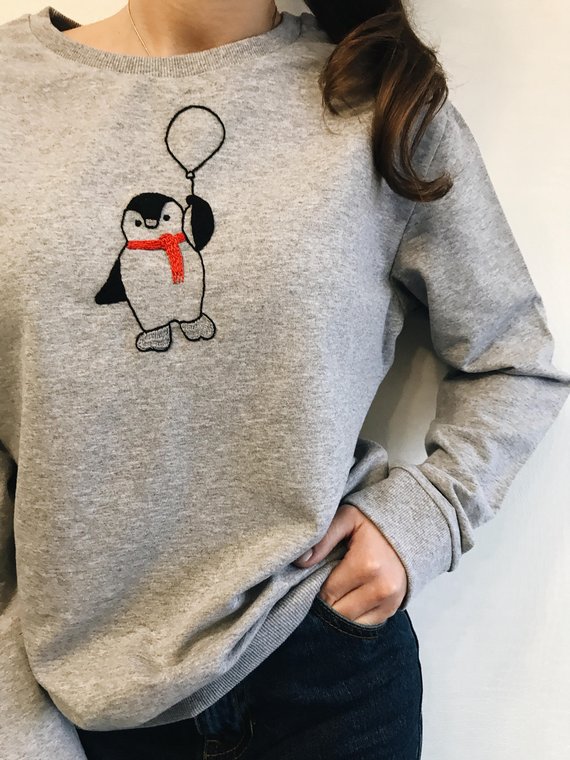 Cute Penguin Hand Embroidered crewneck sweatshirt, Winter penguin .