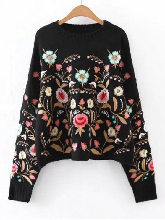 Oversized Floral Embroidered Sweater BLACK | Sweater fashion .