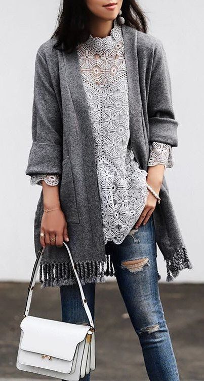 White Lace Top + Grey Fringe Cardigan | Lace top outfits, Lace top .