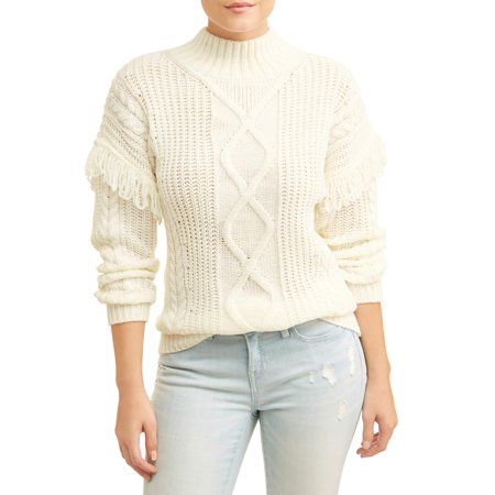 Women's Mock Neck Fringe Sweater, Beige | Fringe sweat