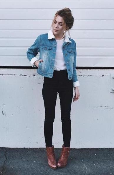 Denim jacket, black pants and brown boots | Jacket outfits .