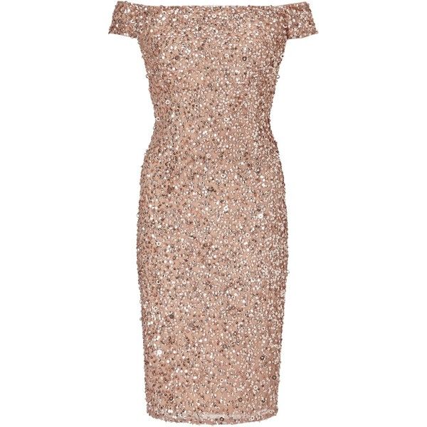 Adrianna Papell Off Shoulder Bead Dress, Rose Gold ($235) ❤ liked .